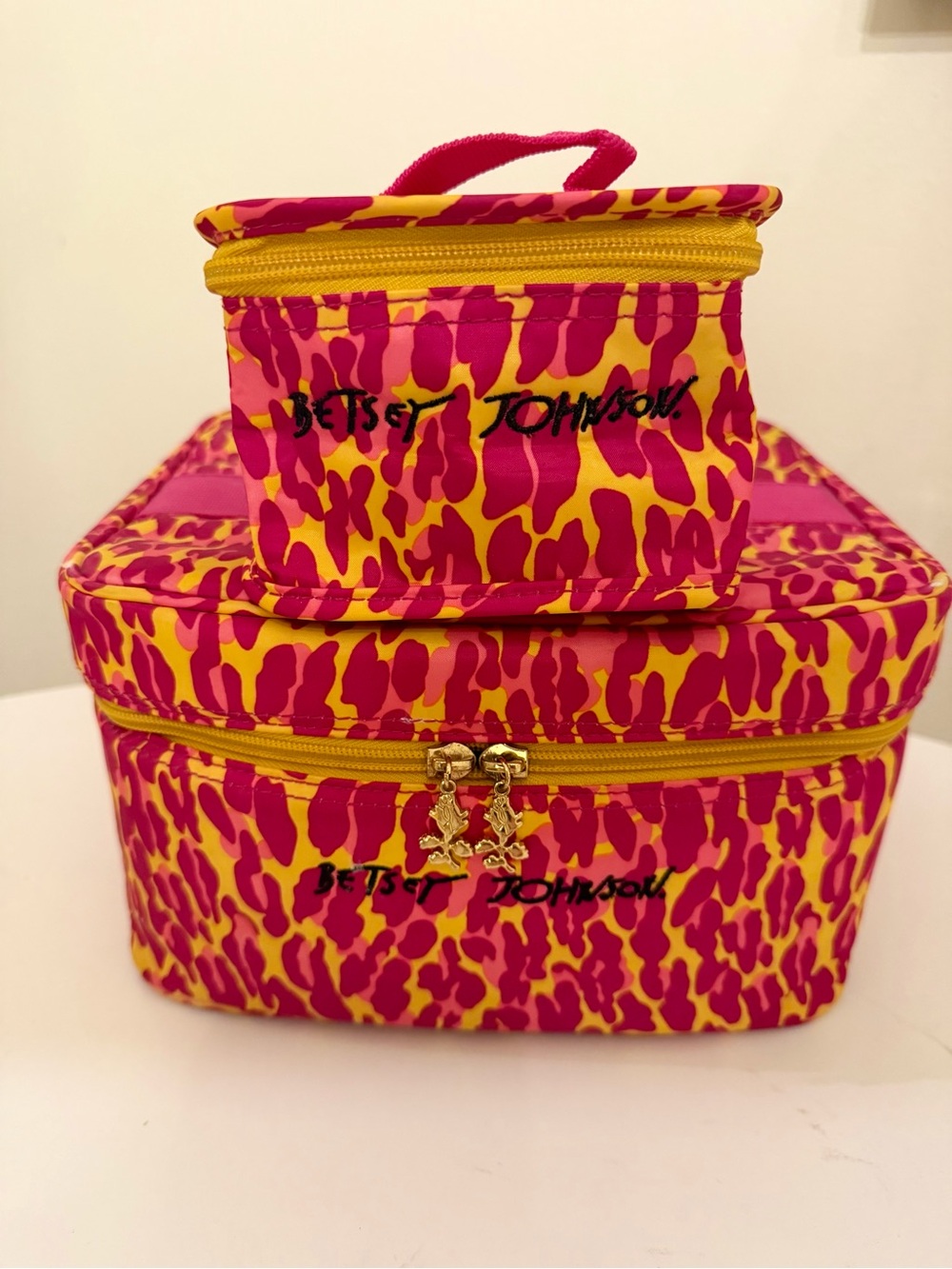 Betsey Johnson Hot Pink & Yellow Leopard Print Cosmetic Bag Set